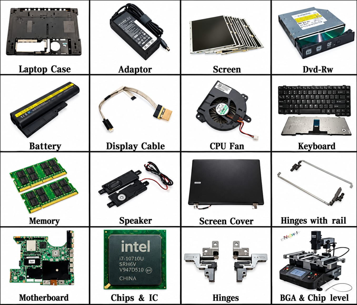 Complete matrix of OEM replacement hardware parts - screens, keyboards, batteries, hinges