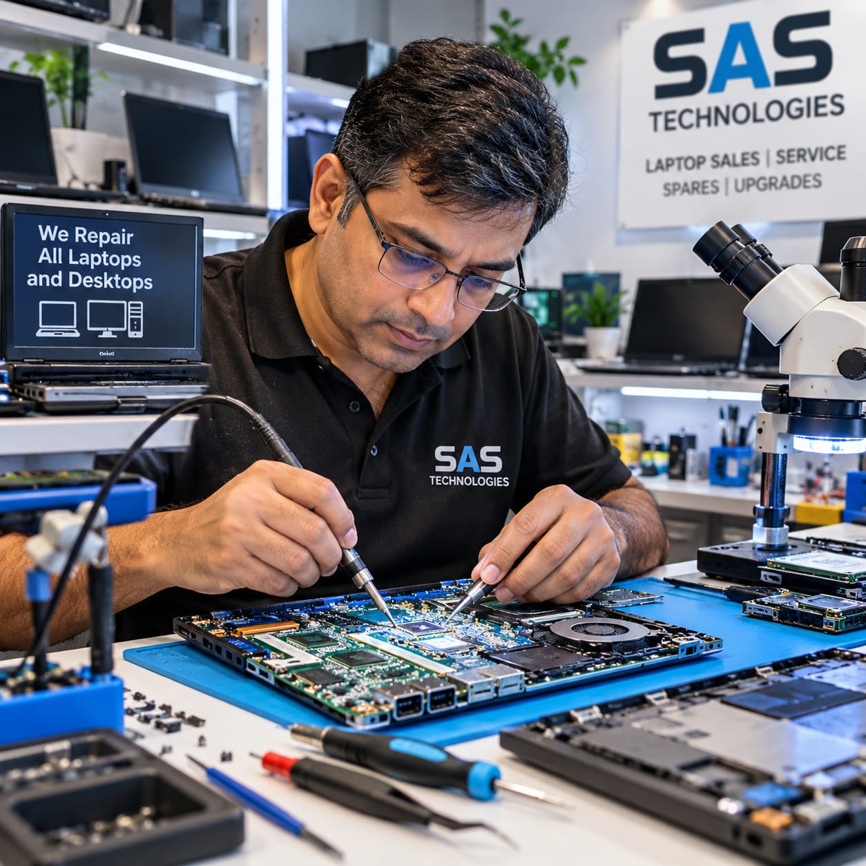 SAS Technologies Indian specialist engineer performing chip-level motherboard diagnosis and micro-soldering
