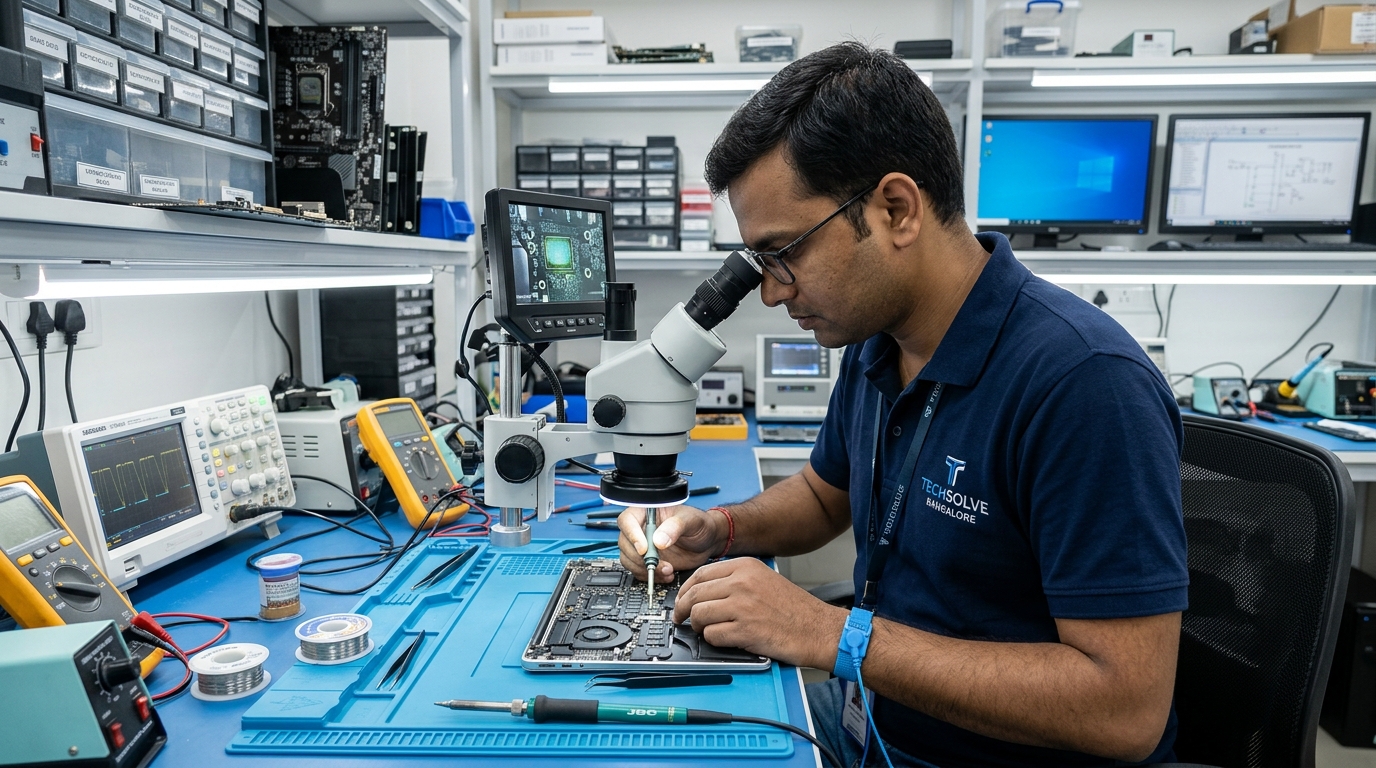 Indian specialist repair engineer examining motherboard under stereo microscope at SAS Lab